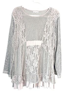 Indigo Soul L Boho Lace Knit Tunic Top Sequin Lagenlook Cottagecore Beige